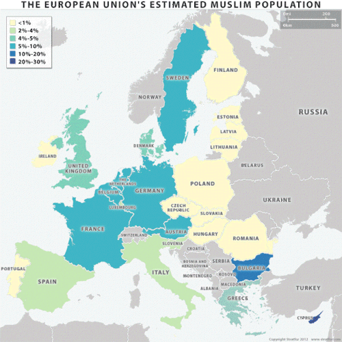 Islam is the fastest growing religion in Europe - map of Muslim populations.