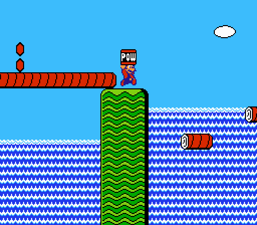 In Super Mario Bros. 2, standing on a log while a POW Block hits the ground will make the log ascend to the top of the screen with your character.