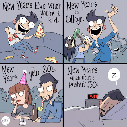 New Year's Eve Cartoon Stages of Life Gif