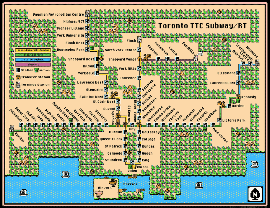 Map of the Toronto subway and RT system, drawn in the style of the Super Mario video game.